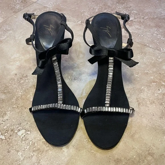 Giuseppe Zanotti Black Grosgrain Crystal Sandals Size 38